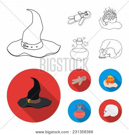 A Voodoo Doll, A Magical Fire, A Love Potion, A Skull.black And White Magic Set Collection Icons In 