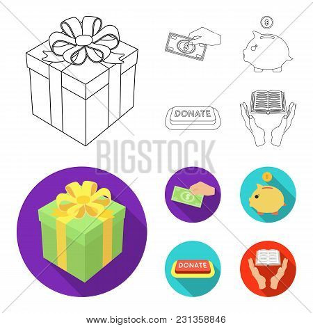 Hand With Money For Poshestvovaniya, A Piggy Bank For Charity, A Button With An Inscription, A Book 