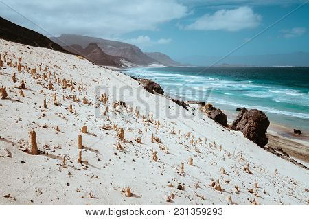 Bizarre Sandstone Formations In The Lunar Landscape On The Coastline Of Sao Vicente Island Cape Verd