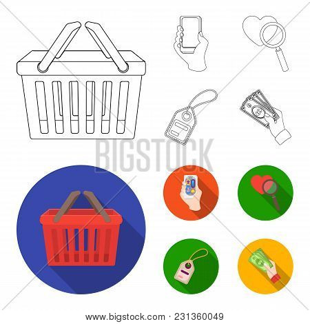 Hand, Mobile Phone, Online Store And Other Equipment. E Commerce Set Collection Icons In Outline, Fl