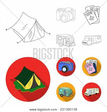 Vacation, Photo, Camera, Passport .family Holiday Set Collection Icons In Outline, Flat Style Vector