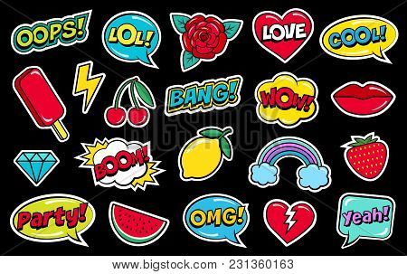 Modern Cute Colorful Patch Set On Black Background. Fashion Patches Of Cherry, Strawberry, Watermelo