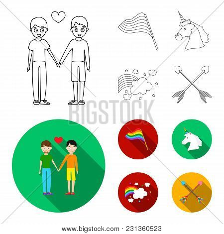 Flag, Unicorn Symbol, Arrows With Heart.gay Set Collection Icons In Outline, Flat Style Vector Symbo