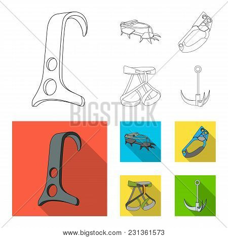 Hook, Mountaineer Harness, Insurance And Other Equipment.mountaineering Set Collection Icons In Outl