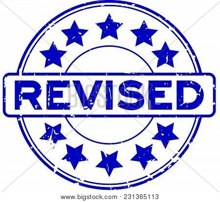 Grunge Blue Revised Wording With Star Icon Round Rubber Seal Stamp On White Background