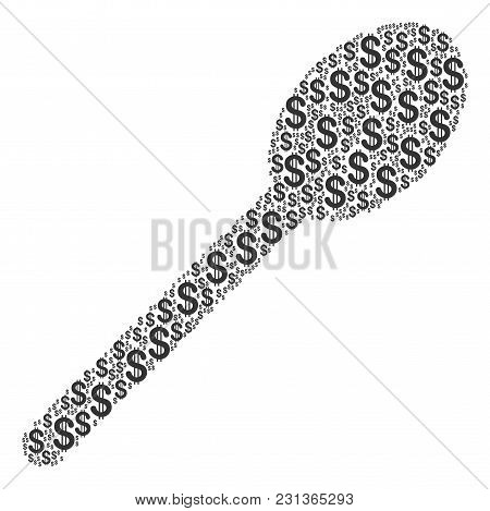 Spoon Composition Of Dollars. Vector Dollar Symbols Are United Into Spoon Mosaic.