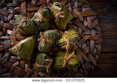 Zongzi Glutinous sticky Rice Dumplings recipe wrap with bamboo leaves asian food