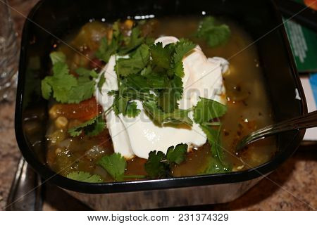 Fresh Hot South American Aztec Soup With Cream Also Garnished With Cilantro