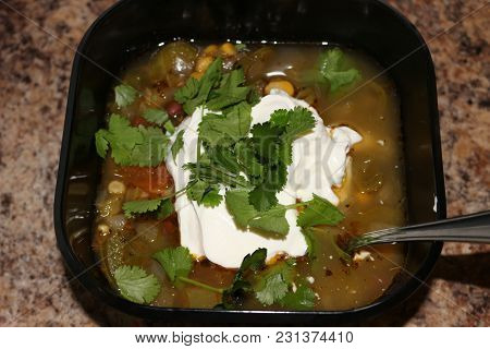 Fresh Hot South American Aztec Soup With Cream Also Garnished With Cilantro