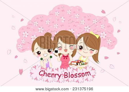 Girl At Picnic With Beauty Chery Blossom