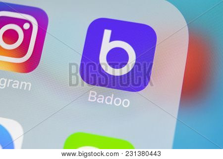 Sankt-petersburg, Russia, March 15, 2018: Badoo Application Icon On Apple Iphone X Screen Close-up. 