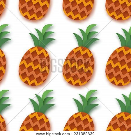 Pineappple Seamless Pattern. Anana In Paper Cut Style. Origami Healthy Food On White. Summertime. Ve