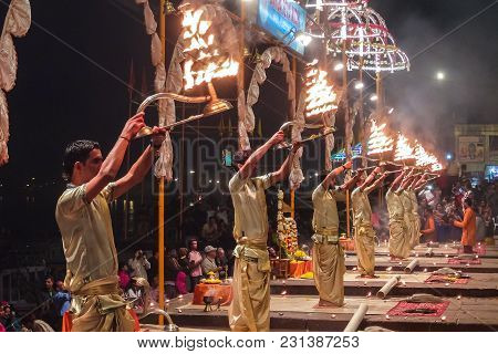 Varanasi, India - December, 9th, 2017. Ganga Aarti Ceremony At Dasashvamedh Ghat.