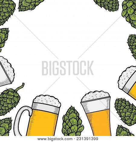 Colorful Beer Menu Design Template. Engraved Illustration With Barley, Hops And Beer Glasses. Brewer
