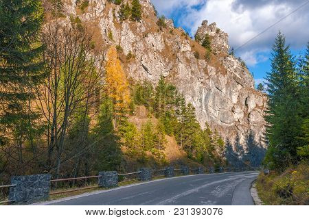 Road In A Mountain Landscape Through The Vratna Valley At The National Park Mala Fatra, Slovakia, Eu