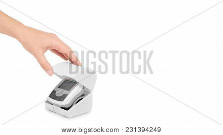 Blood Pressure Measurement Equipment Tensiometer In Hand Isolated On White Background. Copy Space, T