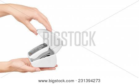 Blood Pressure Measurement Equipment Tensiometer In Hand Isolated On White Background. Copy Space, T