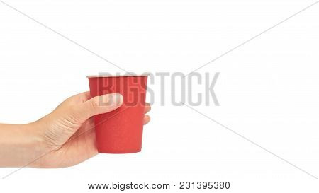Female Hands Hold A Cardboard Or Plastic Disposable Cup. Isolated On White Background. Copy Space, T