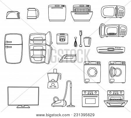 Household Appliances Set. Home Technics. Tv, Refrigerator, Conditioner, Dishwasher, Oven, Kettle, Ir