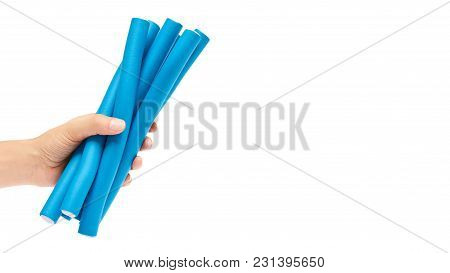 Colored Hair Curlers Isolated On White Background. Copy Space, Template.