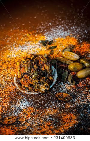 Popular Indian Squash Pickle Or Tinda Nu Athnu Or Achar In A Glass Plat With All Its Ingredients And
