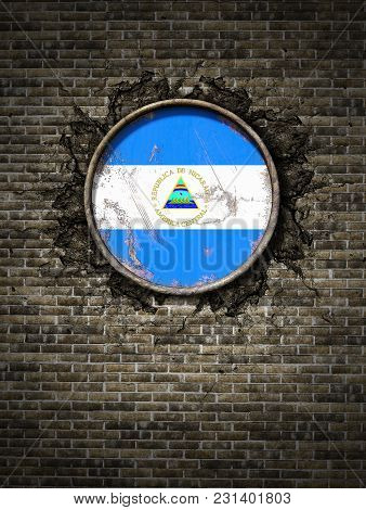 3d Rendering Of A Nicaragua Flag Over A Rusty Metallic Plate Embedded On An Old Brick Wall