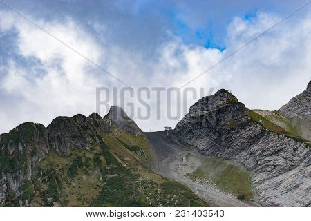 Sochi, Russia-september 30, 2017: Mountain Landscape With Rocky Slopes And The Cable Car In Krasnaya