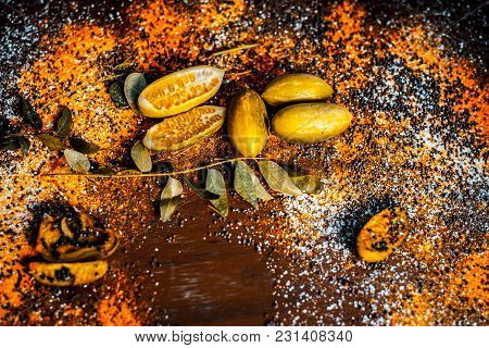 Popular Indian Squash Pickle Or Tinda Nu Athnu Or Achar In A Glass Plat With All Its Ingredients And