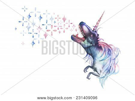 Watercolor Dinocorn. Pastel Colored Tyrannosaurus With Unicorn Horn And Mane Roaring Out Fantasy Spa