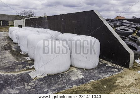Stacked Like A Pyramid, Round Bales Of Hay And Silage Wrapped In A White Membrane. Food For Cows   .