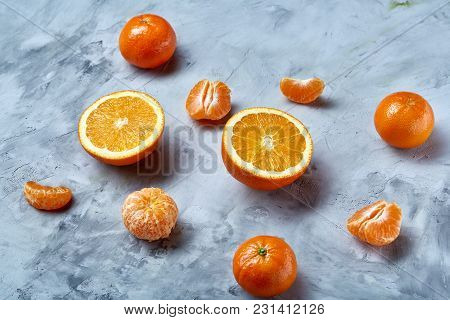 Variety Of Fresh Citrus For Making Juice Or Smoothie Over Light Textured Background, Topview, Select