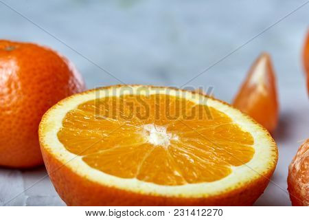 Variety Of Fresh Citrus For Making Juice Or Smoothie Over Light Textured Background, Topview, Select