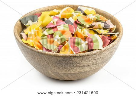 Farfalle Pasta With Vegetables In A Wood Bowl Isolated On White Background Raw Classic Traditional I