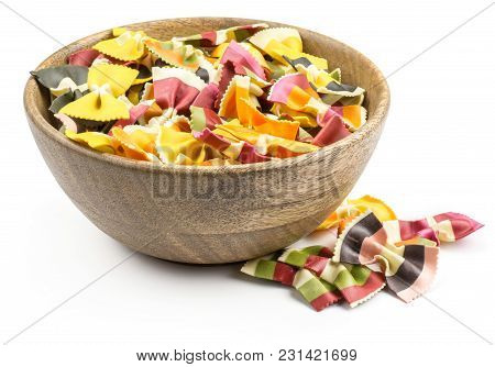 Farfalle Pasta With Vegetables In A Wooden Bowl Isolated On White Background Raw Classic Traditional