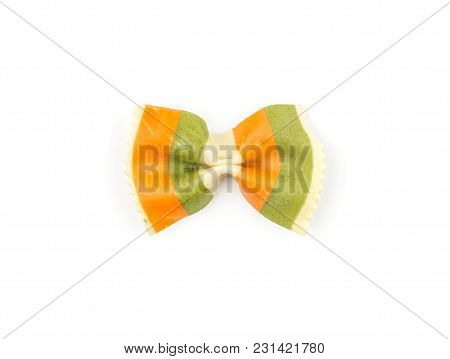 Farfalle Pasta With Green Spinach And Orange Carrot Isolated On White Background Top View One Raw Cl