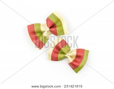 Farfalle Pasta With Green Spinach And Red Beet Isolated On White Background Top View Two Raw Classic