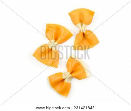 Farfalle Pasta With Orange Carrot Isolated On White Background Top View Three Raw Classic Traditiona