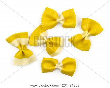 Farfalle Pasta With Curcuma Isolated On White Background Top View Set Raw Classic Traditional Italia
