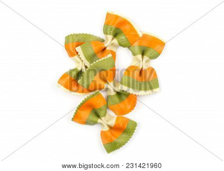 Farfalle Pasta With Green Spinach And Orange Carrot Isolated On White Background Top View Set Raw Cl