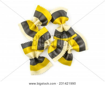Farfalle Pasta With Curcuma And Cuttlefsh Ink Isolated On White Background Top View Set Raw Classic 