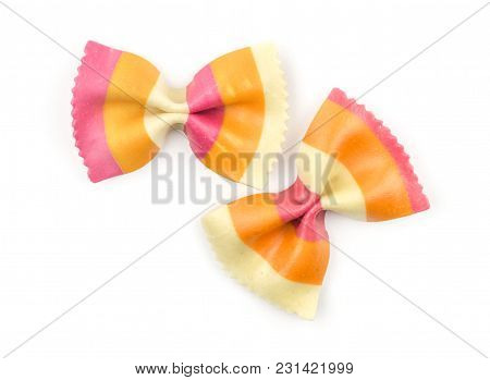 Farfalle Pasta With Orange Carrot And Red Beetroot Isolated On White Background Top View Two Raw Cla