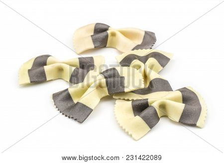 Farfalle Pasta With Black Cuttlefish Ink Isolated On White Background Raw Classic Traditional Italia