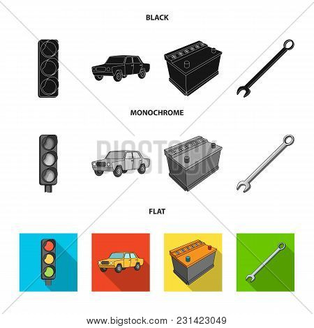 Traffic Light, Old Car, Battery, Wrench, Car Set Collection Icons In Black, Flat, Monochrome Style V