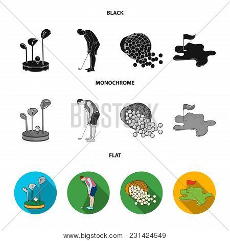 Stand For A Golf Club, Muzhchin Playing With A Club, Basket With Balls, Label With A Flag On The Gol