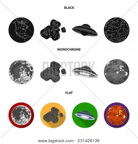 Moon, Venus Of The Planet Of The Solar System. Nil, A Meteorite. Planets Set Collection Icons In Bla