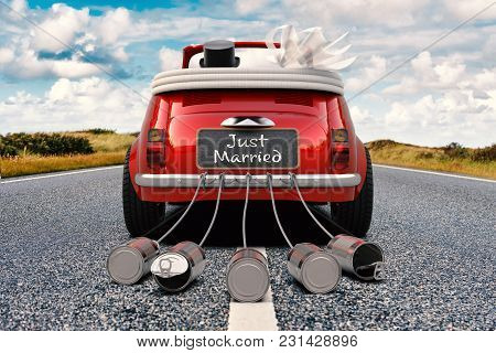 A Newlywed Couple Is Driving A Retro Car With Just Married Sign And Cans Rear View 3d Rendering