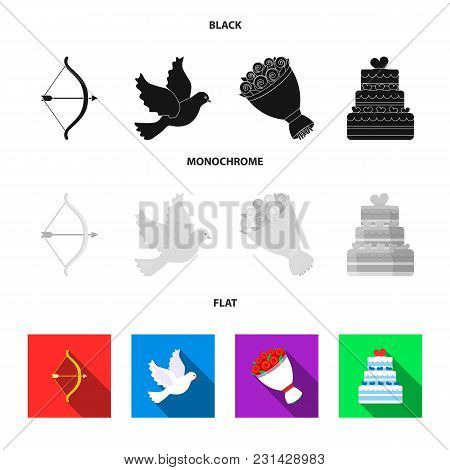 Arrow Cupid, Dove, Bouquet Of Flowers, Wedding Cake. Wedding Set Collection Icons In Black, Flat, Mo