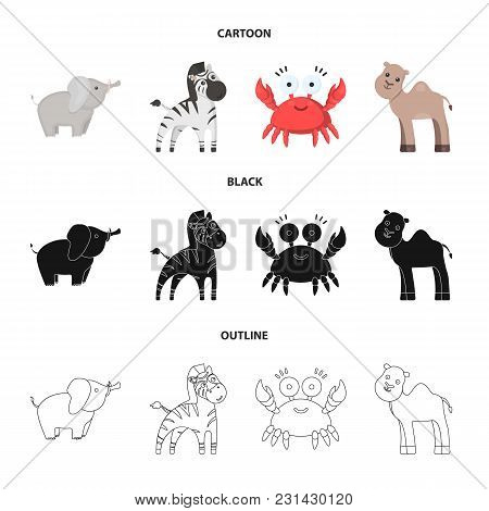 An Unrealistic Cartoon, Black, Outline Animal Icons In Set Collection For Design. Toy Animals Vector