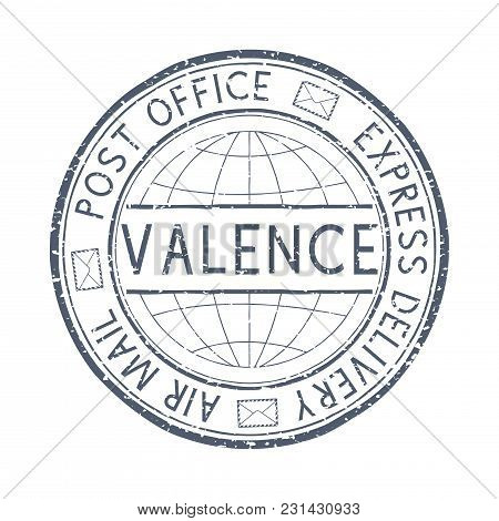 Postal Stamp With Valence, Italy Title. Round Black Postmark. Vector Illustration Isolated On White 