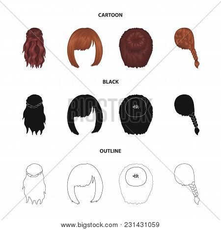 Kara, Red Braid And Other Types Of Hairstyles. Back Hairstyle Set Collection Icons In Cartoon, Black